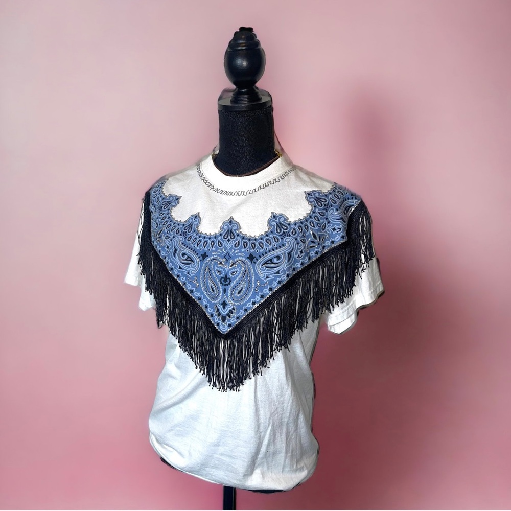 Totally Vintage Handmade Western Cowgirl cute blue Fringe Bandana T Shirt 90s